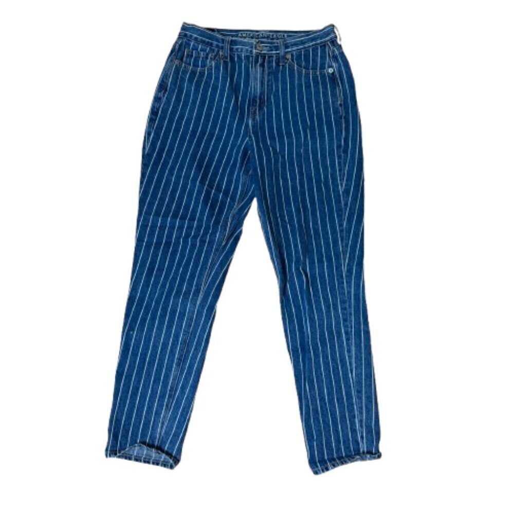 American Eagle Blue Pinstripe High Rise Straight Leg Mom Jeans Women’s Size 4 - Picture 2 of 11